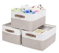 Mangata Juego de 3 Caja de Almacenaje, Cesta de Almacenamiento de Tela Plegable para Ropa, Juguetes, Estanterías, Armarios (Caqui/Blanco, Large)