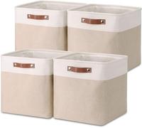 Mangata Juego de 4 cubos de tela, cesta de almacenaje de 30x30x30cm para el dormitorio, cuarto de manualidades, habitación de los niños ▏ Caqui/Blanco