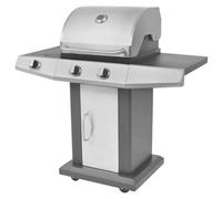 Mangloder Barbacoa de gas negra y plateada con 2 zonas de cocción principales, cocina lateral, piezas de acero inoxidable, termómetro, rejilla para mantener el calor, ruedas y armario inferior para