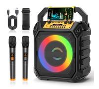 MANGOSTAN Máquina de karaoke con 2 micrófonos inalámbricos, altavoz de karaoke Bluetooth portátil con luces estroboscópicas RGB, sistema PA compatible con TWS, USB/TF, AUX y grabación para fiestas