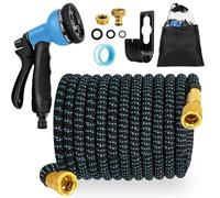 Manguera de agua de jardín, manguera extensible de jardín con conector de latón de 3/4 y 1/2 pulgadas, caña de agua de jardín con boquilla rociadora de 8 funciones, 15 metros de goma para regar riego