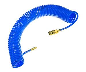 Manguera de aire comprimido en espiral SP-PU, 10 m, manguera de aire comprimido de 5/8 mm de poliuretano, presión máxima de 10 bar, con protección contra torceduras y acoplamiento rápido, adecuado