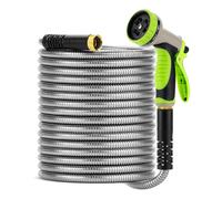 Manguera de jard n UNCO de acero inoxidable de 50 pies con boquilla rociadora de 10 funciones, manguera de metal plateada de 50 pies, manguera de