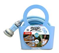 Manguera de jardín extensible 10 metros con ducha y bolsa multifunción, Manguera de riego Azul Antinudos y Antitorsión