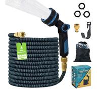 Manguera de riego flexible, manguera de agua con boquilla para manguera de 10 funciones, correa flexible extensible con manguera de 3/4 pulgadas, cobre macizo (azul y negro, 30 m/100 ft)