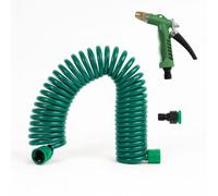Manguera Espiral de Jardín 7,5m EVA | Flexible y Compacta | Incluye Pistola Lanza de Riego y Conector Universal | Verde Resistente y Fácil de Guardar