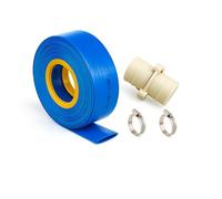 Manguera plana para descarga de agua, riego, pisicna y bombas de achique con accesorios de PVC y abrazaderas. (25mm T50m)