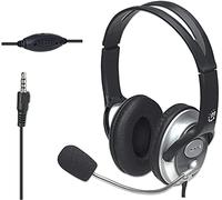 Manhattan Auriculares con cable con micrófono - con cable estéreo trenzado de 8 pies de largo, conector de enchufe de 3,5 mm, control de volumen, micrófono flexible - para ordenador, portátil, PC,