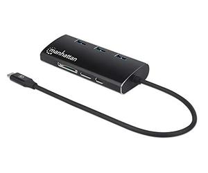 Manhattan Dock/Hub USB-C con Lector de Tarjetas, Puertos (x6): Ethernet, HDMI, USB-A (x3) y USB-C, con Entrega de energía a Puerto USB-C (100W), Cable de 30cm, Aluminio, Negro, Caja al por Menor