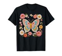 Manía Retro con Estampado Floral de Mariposas Estilo Ganchillo Camiseta