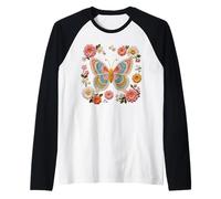 Manía Retro con Estampado Floral de Mariposas Estilo Ganchillo Camiseta Manga Raglan