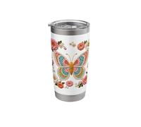 Manía retro con estampado floral de mariposas estilo ganchillo Vaso térmico de acero inoxidable de doble pared
