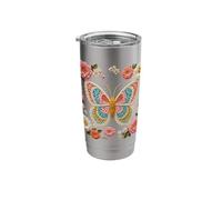Manía retro con estampado floral de mariposas estilo ganchillo Vaso térmico de acero inoxidable de doble pared