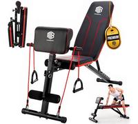 ManiBoom Banco Musculación PLEGABLE Multifuncional con 7 Posiciones Ajustable CARGA 250kg - Banco de Pesas con 2 Bandas de Entrenamiento y Cojín para Bíceps - Banca para Gym en Casa