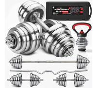 ManiBoom Maletin Pesas y Mancuernas Ajustables de HIERRO ANTIDESLIZANTES - Mancuernas 10kg 15kg 20kg 30kg 40kg 50kg con Barra Regulables y KETTLEBELLS- Kit de Ejercicio Gym en Casa