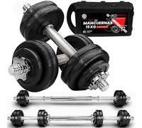 ManiBoom Maletin Pesas y Mancuernas Ajustables de HIERRO ANTIDESLIZANTES - Mancuernas 10kg 15kg 20kg 30kg 40kg 50kg con Barra Regulables y Cierre de SEGURIDAD - Kit de Ejercicio Gym en Casa (15 KG)
