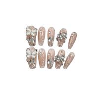 Manicura de temperamento, manicura manual con gradiente de mariposa de diamantes rotos que lleva un parche blanco con largos desmontables y duraderos juntos.(XS)