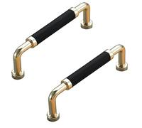 Manijas De Puerta De Muebles 2 Piezas Perillas Y Manijas De Gabinete De Cuero De Color Sólido Perilla De Puerta De Armario De Aleación De Zinc,Paso De Orificio 96mm Cuero Negro Dorado Brillante