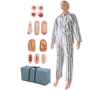 Maniquí avanzado para el cuidado del paciente en la formación de enfermería: incluye módulos para úlceras por presión, heridas y amputaciones, con bata de paciente. Material didáctico a tamaño real.
