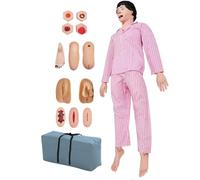 Maniquí avanzado para el cuidado del paciente en la formación de enfermería: incluye módulos para úlceras por presión, heridas y amputaciones, con bata de paciente. Material didáctico a tamaño real.