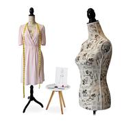 Maniquí Relaxdays, Mujer, Talla 36/38, Altura Ajustable 160-175 cm, Base de Madera, diseño Urbano, Color Crema/Negro