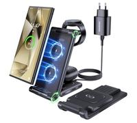 MANKIW Cargador Inalámbrico para Samsung, 3 En 1 Estación de Carga Inalámbrica, Base Cargador portátil para Galaxy S25 S24 S23 S22 Ultra Z Flip Fold 6/5/4/3Galaxy Watch 7/6/5/4/3Buds