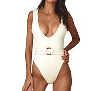 MaNMaNing Bikini push up para mujer, cuello en V, monocolor, una pieza, monokini, verano, playa, Blanco, M