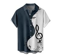 MaNMaNing Camisa Hombre Casual Manga Corta con Estampado Musical Patchwork. Un estilo original con cuello abatido., azul marino, M