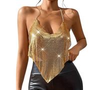 MaNMaNing - Camiseta de tirantes para mujer, sexy, noche, blanca, cuello anudado, para noche, club, alta sin tirantes de red, elástica, moda, traje de escenario, rendimiento de la camiseta para mujer