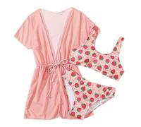MaNMaNing Conjunto de bikini de tres piezas para niña con estampado de fresa y manta dulce para niños, playa, piscina, verano, traje de baño de tres piezas, bikini para niñas de verano, Rosa., 6-7