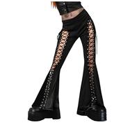 MaNMaNing Damen Hose Sommer Streetwear ausgestellung mit Ösen Schnürung dunkle Ästhetik bequeme Pants im Flared Look, Negro , S