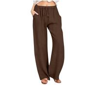 MaNMaNing Damen Leinenhose weit mit Kordelzug hochtailliert lässig lang mit Taschen leichte Sommerhose Freizeithose ohne Label im Naturlook, café, XXL