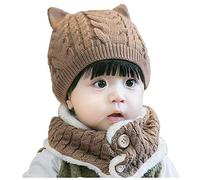 MaNMaNing Dos gorros de niño + bufanda para niños pequeños, conjunto suave de punto para bebé, gorra de béisbol, marrón, Talla única