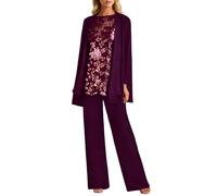 MaNMaNing Elegante traje de dama de honor de encaje gasa flores manga larga pantalones tallas grandes conjunto festivo mujer, Color morado oscuro., XL