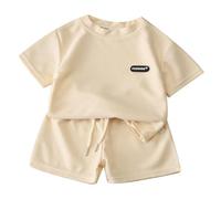 MaNMaNing Kinder Sommer Freizeit Set Locker T-Shirt Shorts Waffelpiqué atmungsaktiv Set Mädchen Jungen (Beige, 3-4 Years)