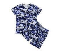MaNMaNing Kinder Tarnanzug T-Shirt und Shorts Set Camouflage Outdoor Training Sommer atmungsaktiv Set Mädchen Jungen (Blue, 9-10 Years)