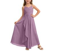 MaNMaNing Mädchen A-Linie Kleid Brautjungfer fließend Chiffon Maxi Hochzeit Festzug Elegant Sommerkleid atmungsaktiv bequemes Kleid Mädchen (Light Purple, 13-14 Years)