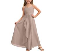 MaNMaNing Mädchen A-Linie Kleid Brautjungfer fließend Chiffon Maxi Hochzeit Festzug Elegant Sommerkleid atmungsaktiv bequemes Kleid Mädchen (Coffee, 13-14 Years)