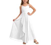 MaNMaNing Mädchen A-Linie Kleid Brautjungfer fließend Chiffon Maxi Hochzeit Festzug Elegant Sommerkleid atmungsaktiv bequemes Kleid Mädchen (White, 2-3 Years)