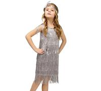 MaNMaNing Mädchen Flapper Kleid Pailletten Fransen Latin Tanz Kostüm mit Feder Haarband Retro Bühne Kleid Mädchen (Grey, 4-6 Years)