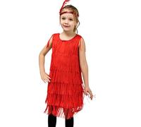 MaNMaNing Mädchen Flapper Kleid Pailletten Fransen Latin Tanz Kostüm mit Feder Haarband Retro Bühne Kleid Mädchen (Red, 10-12 Years)