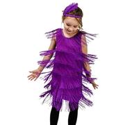 MaNMaNing Mädchen Flapper Kleid Pailletten Fransen Latin Tanz Kostüm mit Feder Haarband Retro Bühne Kleid Mädchen (Purple, 7-9 Years)