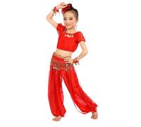 MaNMaNing Mädchen handgemachtes Bauchtanzkostüm indisch Perlen Pailletten Tanzset Sommer Performance Kleid Mädchen (Red, 4-5 Years)