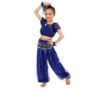 MaNMaNing Mädchen handgemachtes Bauchtanzkostüm indisch Perlen Pailletten Tanzset Sommer Performance Kleid Mädchen (Blue, 8-9 Years)