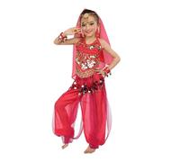 MaNMaNing Mädchen indisches Tanzkostüm Bauchtanz Pailletten Mesh Set Performance atmungsaktiv Bühnenoutfit Mädchen (7-8 Years)