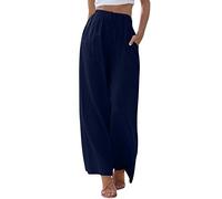 MaNMaNing Pantalones anchos de verano para mujer con cordón de ajuste cintura elástica y bolsillos. Cómodos pantalones de imitación de lino, pantalones informales para el tiempo libre, azul oscuro, XL