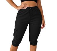 MaNMaNing Pantalones cargo de verano para mujer, con bolsillos, cintura elástica, ajuste holgado, pantalones casuales para el día a día, Negro , S