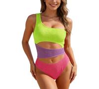 MaNMaNing Un hombro monokini traje de baño damas color sólido textura frontal diseño de una pieza vestido de baño para playa arruga tela damas traje de baño, amarillo, L