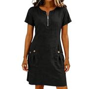 MaNMaNing Vestido camisero de manga corta de color liso con bolsillos y cuello con cremallera para mujer, vestido casual casual para mujer, Negro , 4XL