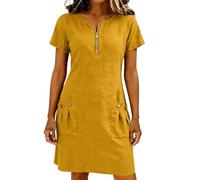 MaNMaNing Vestido camisero de manga corta de color liso con bolsillos y cuello con cremallera para mujer, vestido casual casual para mujer, amarillo, XXL